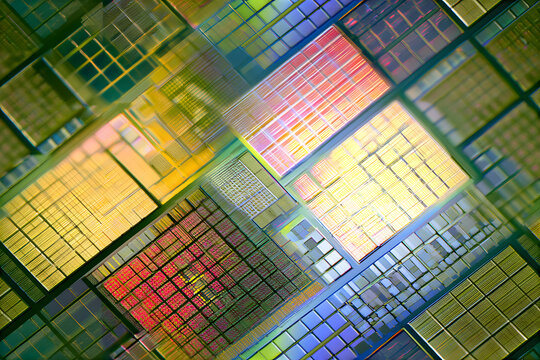 A mosaic patterned silicon semiconductor wafer featuring an integrated circuit die.