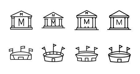 Museum sports stadium outline icons set cultural gallery building classical architecture pillar football arena ground & more vector illustration with editable stroke. © Purnorup Dream IT 