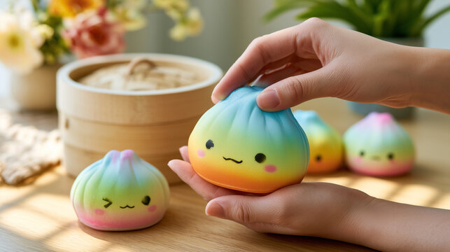 Cute pastel dumpling squishy toy held in hands with kawaii face and bamboo steamer on wooden table