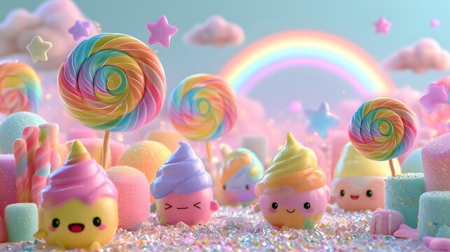 A dreamy fantasy candy kingdom filled with giant rainbow swirl lollipops, smiling kawaii ice cream characters, fluffy marshmallows, pastel candy pillars.