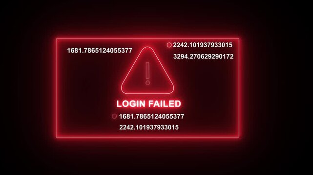 Digital login failed error notification with glowing red warning triangle and rapidly changing data streams for cybersecurity, hacking, system breach, and network security interface concept