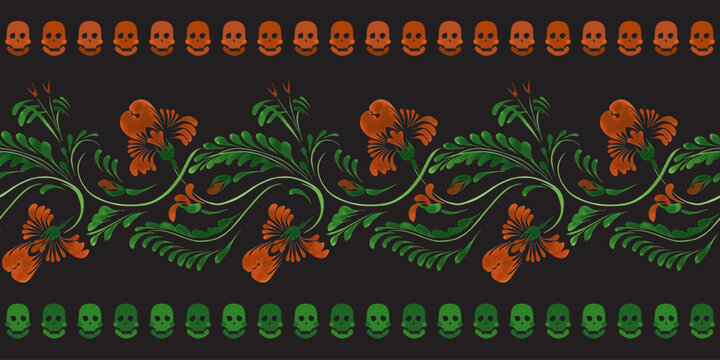 Vector floral border seamless pattern from marigold flowers and human skulls on a black background