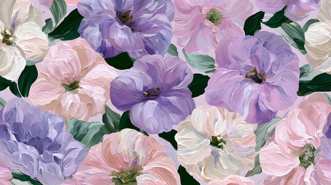 A beautiful seamless floral pattern featuring large pastel purple, lavender, blush pink, and ivory flowers with textured petals and delicate green leaves.