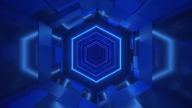 A glowing blue hexagonal tunnel creates a deep infinite perspective