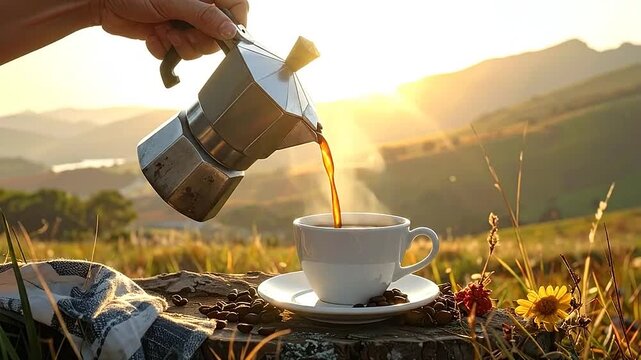 A hand pours hot coffee into a cup at golden hour sunset