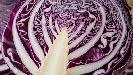 Fototapeta premium Closeup of a fresh red cabbage head cut in half showing layers of purple and white leaves