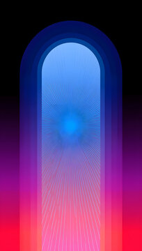 Gradient geometric backdrop with a tall arch and a bright blue center