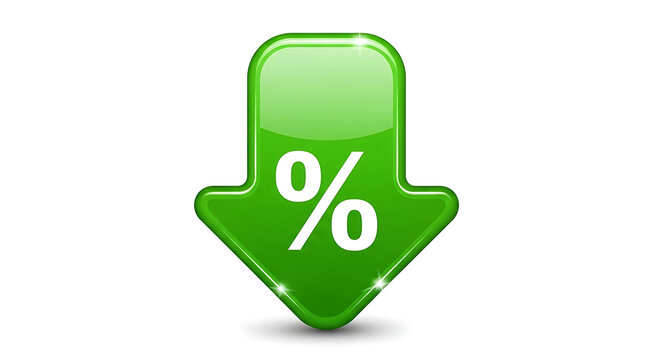 Green Arrow Down Percentage Symbol Glossy Icon for Decreasing Prices Sales Discounts and Negative Financial Trends