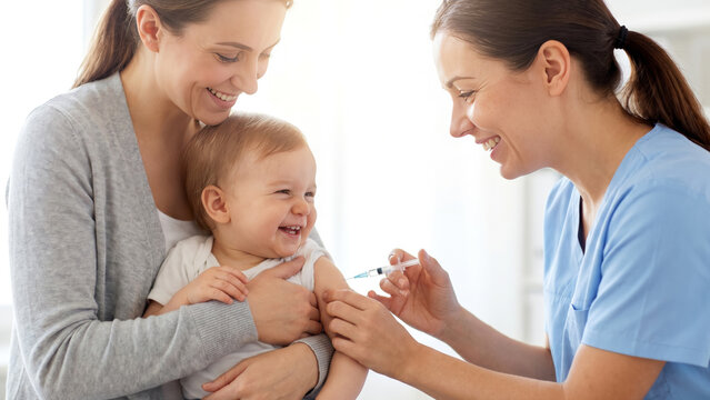 Female nurse in blue scrubs giving vaccine injection with syringe to happy laughing baby infant in white onesie held by young dark hair mother in bright white clinic pediatric immunization care close 
