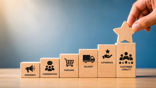 Hand placing star on customer loyalty wooden block completing the marketing sales funnel process