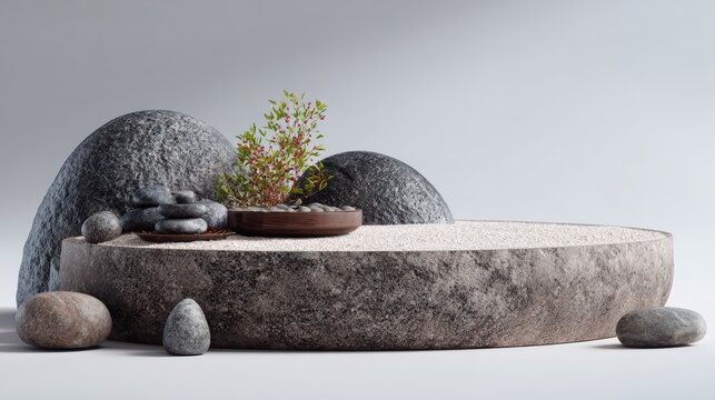 smooth pebble stone podium with soft curved edges, zen sushi presentation theme, bright clean environment, ultra realistic texture