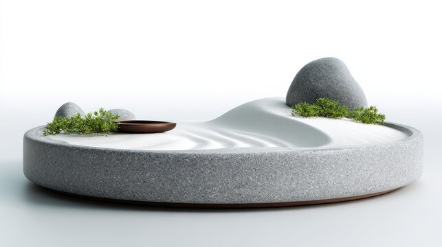 smooth pebble stone podium with soft curved edges, zen sushi presentation theme, bright clean environment, ultra realistic texture