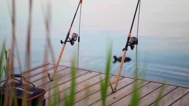 Fishing rods set up on a wooden pier by a calm lake with a duck swimming in the background