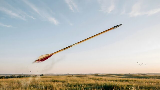 Wooden arrow soaring across wide golden sky &ndash; Great for ambition, business expansion, or targeting future success.