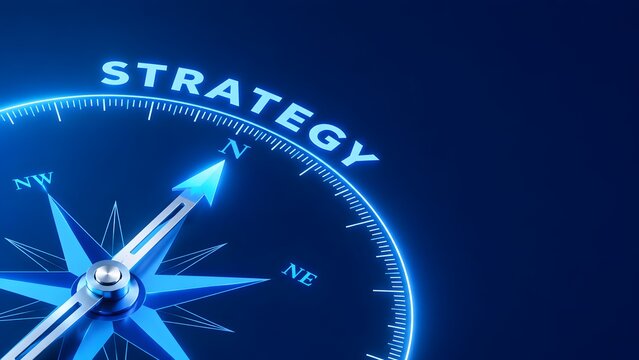 Strategic business direction concept with a glowing neon blue compass pointing towards corporate strategy