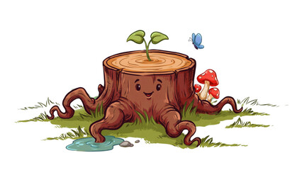 Colorful cartoon mushroom with tiny fairy and ladybug on top of log in whimsical forest setting Vector © Msttaslima