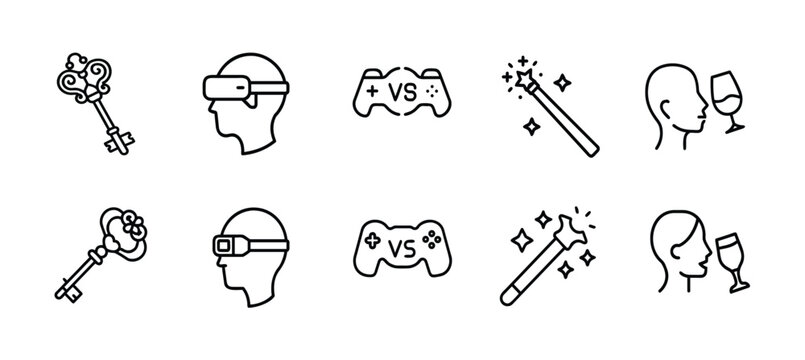 Virtual reality gaming magic outline icons set vr headset controller vs wand wizard wine tasting old key & more vector illustration with editable stroke.
