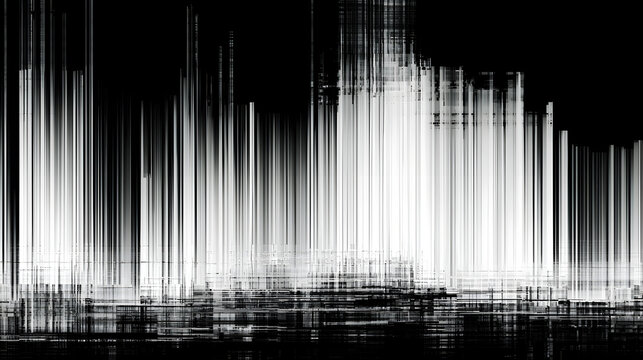 A glitchy black and white background featuring vertical lines and digital static