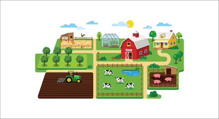 Farm scene illustration with buildings crops and livestock on a white background © mdaburaihan