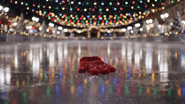A single red wool mitten lies forgotten on the smooth ice of an empty outdoor skating rink reflecting vibrant multicolored festive holiday lights strung overhead in a charming winter city square