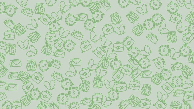 Green patterned background with broken hearts, money bags, dollar signs, and mail icons. Suitable for social media posts, presentations, backgrounds.