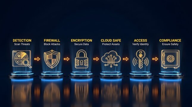 Enterprise cybersecurity framework concept detailing threat detection firewall encryption and compliance protocols