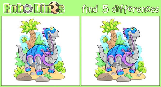cute robot dinosaur, find five differences
