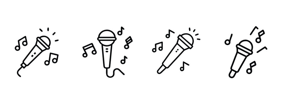 Microphone music note outline icons set karaoke mic vocal audio sound recorder performance speech & more vector illustration with editable stroke.