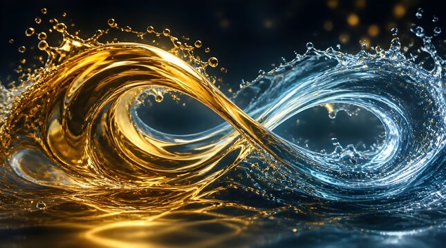 Luxury golden and blue liquid infinity symbol with dynamic splashes, cinematic conceptual background for longevity, success, and harmony