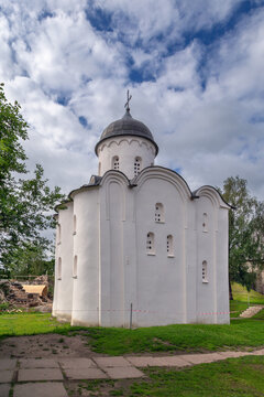 Side view of St Georges Church in Staraya Ladoga, Russia. Profile of the medieval stone temple on a summer day