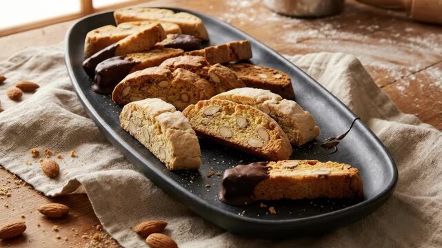 Assorted almond biscotti and chocolate dipped slices presented on a long charcoal platter over soft linen, creating an abundant biscotti day tabletop with rustic crumbs and warm bakery window light