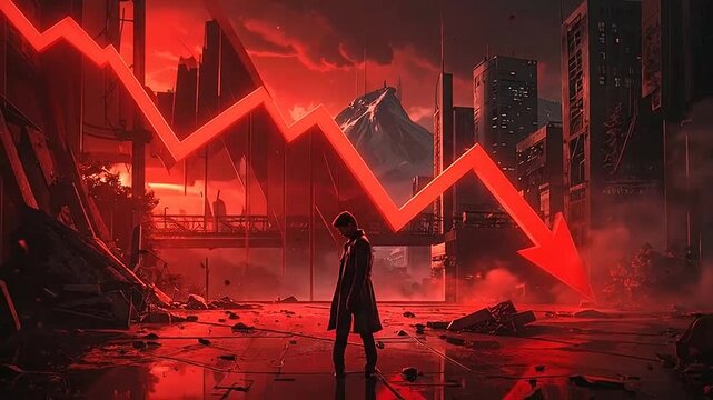 A lone person stands in a ruined city under a red market crash