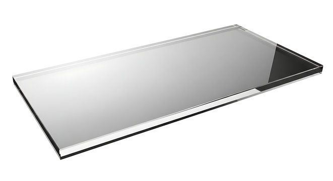 Transparent Clear Glass Rectangle Shelf or Surface with Reflective Top and Black Edge Isolated on White Background