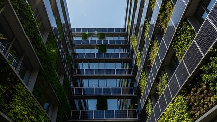 Obraz premium Modern Building with Green Walls, Solar Panels, and Glass Facade