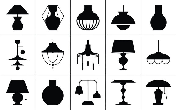 Grid of various indoor table lamps and ceiling light silhouettes with silhouette interior chandelier lighting decoration furniture illustration minimalist electrical creative background