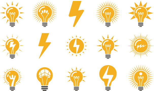 Creative light bulb and electricity icon set with lightning bolt shapes electricity lightning creative innovation thinking solution illustration silhouette business technology invention