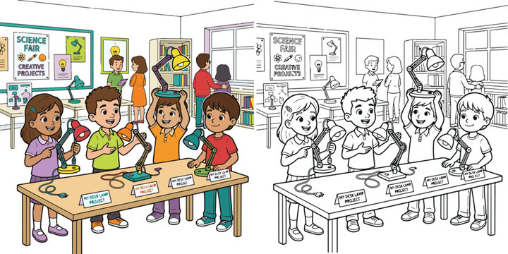 STEM Learning Activity with Children Assembling Electronic Components, Elementary School Science Experiment Featuring Basic Circuit Design,  coloring book for kids.