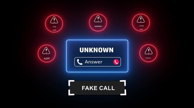 Digital cyber security interface featuring an unknown incoming fake call notification with glowing red warning alert and blue ui for modern technology, fraud prevention, and hacking concepts