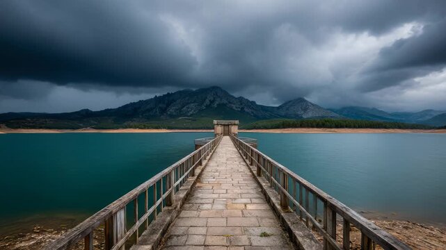 Wooden dock on a lake with mountains.