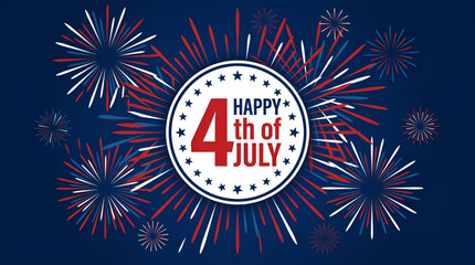 Happy 4th of July Independence Day vector background with red, white, and blue fireworks. Fourth of July celebration banner with explosive fireworks and star badge emblem, greetings card.  © bikram