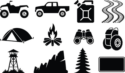 Set of off-road adventure and outdoor activity silhouette icons for camping and wilderness exploration with camping gear nature icons outdoor lifestyle travel icons fuel tank adventure campfire © MstAsmaAkter
