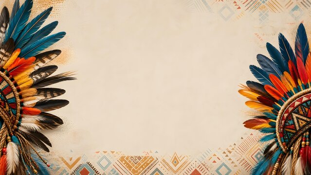 Vibrant Colorful Indigenous Feather Headdresses Tribal Pattern Border Beige Copy Space Banner