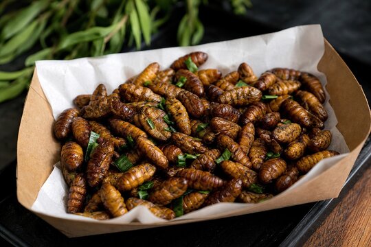 Fried silkworm pupae seasoned with green onions served in a rustic paper container on a dark wooden table, traditional Asian street food snack, close-up view.