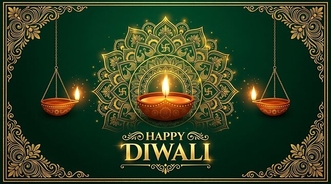 Golden diwali lamp with mandala design happy diwali celebration greeting card