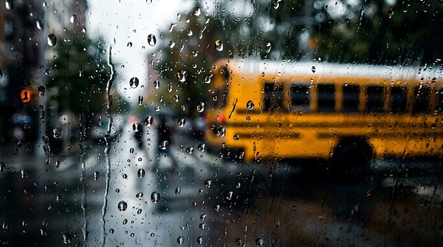 Rainy Day View of a Yellow School Bus Through a Wet Window Pane with Blurred City Street Traffic and Pedestrians