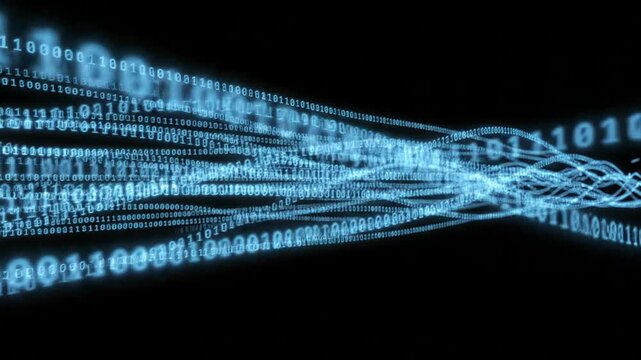 Dynamic artificial intelligence concept with digital information processing, glowing binary digits creating a seamless looping data stream background