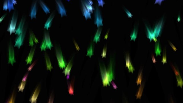 An animated meteor shower, neon comets with tails. Colorful shooting stars falling against a black background.