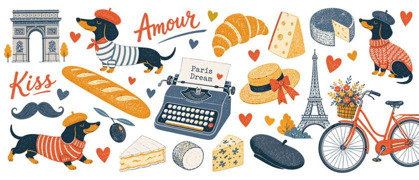 Charming Parisian Collage with Dachshunds, Eiffel Tower, and French Delicacies