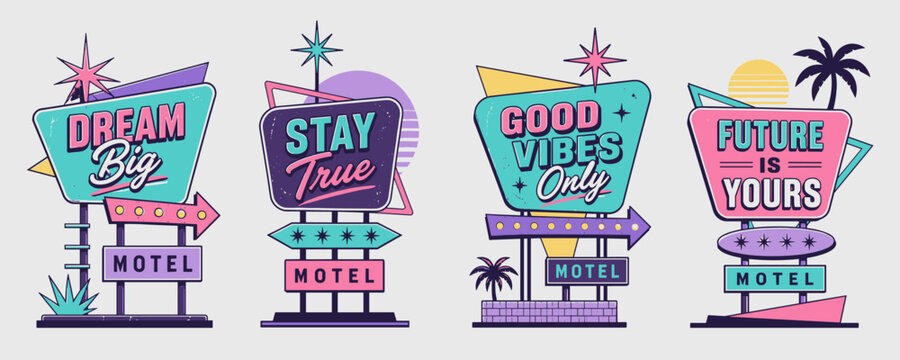 Retro motel signs with inspirational messages and neon lights