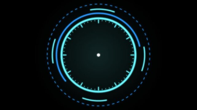 Digital clock hud interface with rotating neon blue circular loading animation